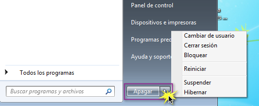 Apagar equipo en Windows 7 o Vista