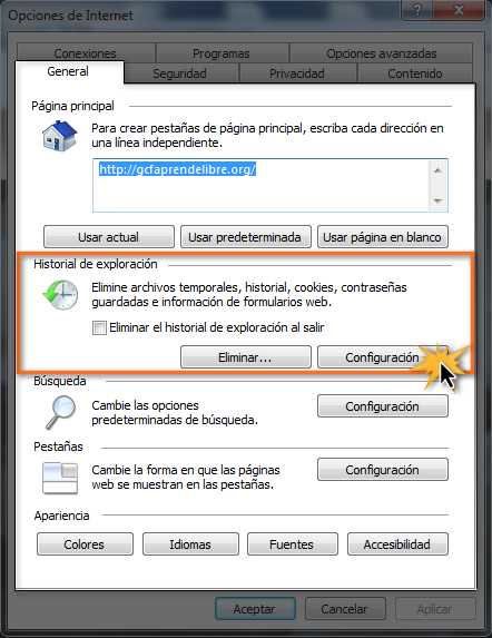 opción configuración historial de exploración