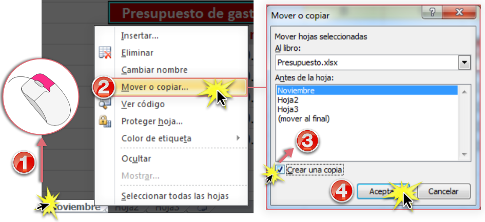 Imagen ejemplo de lo pasos para copiar una hoja de cálculo en Excel 2010.