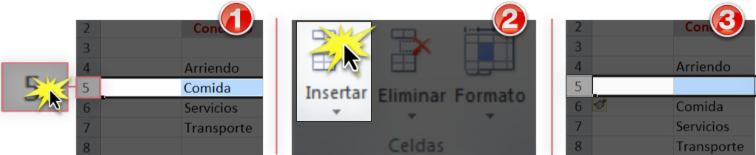 Imagen de los pasos para insertar un fila en Excel 2010.