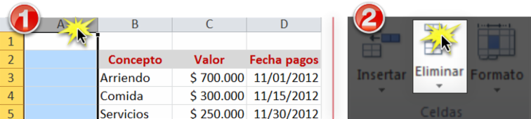 Imagen ejemplo de lo pasos para eliminar filas o columnas en Excel 2010.