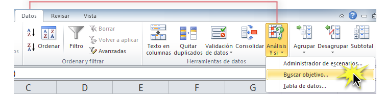 Imagen ejemplo del menú desplegable del comando Análisis y sí en Excel 2010.
