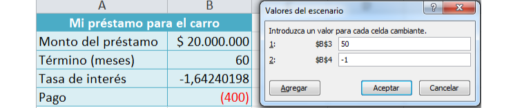 Imagen ejemplo del cuadro de diálogo Valores de escenario.