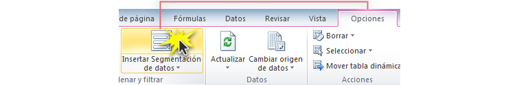 Imagen ejemplo del comando Insertar segmentación de datos de la pestaña Opciones de Excel 2010.
