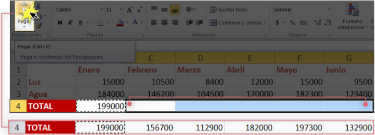 Imagen ejemplo de cómo trabaja Excel 2010 al copiar una fórmula.