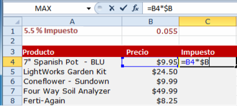 Imagen ejemplo de los pasos 3 y 4 para crear una fórmula con referencia absoluta en excel 2010.