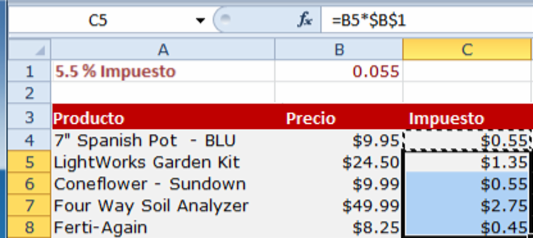 Imagen ejemplo de cómo una fórmula de referencia absoluta se copia en las celdas seleccionadas.