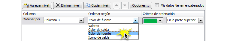 PaImagen del paso 4 de cómo ordenar datos por color de fuente en Excel 2010.