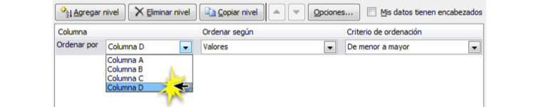 Imagen ejemplo del cuadro de diálogo Ordenar en Excel 2010.