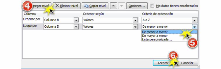 Imagen ejemplo de los pasos 4,5 y 6 de como ordenar datos en múltiples niveles.