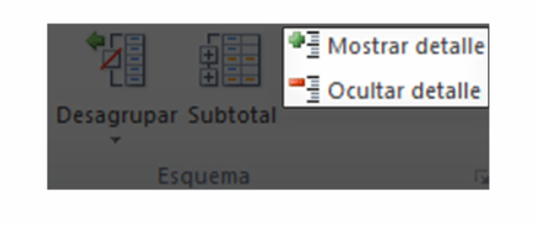 Imagen ejemplo del comando Mostrar detalle y Ocultar detalle desde la pestaña Datos en Excel 2010.