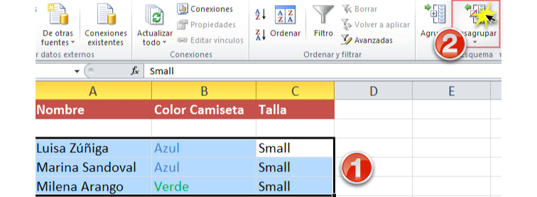 Imágenes ejemplo de los pasos para desagrupar subtotales en Excel 2010.