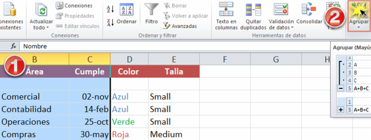 Imagen ejemplo de los pasos 1 y 2 para crear grupos en Excel 2010.