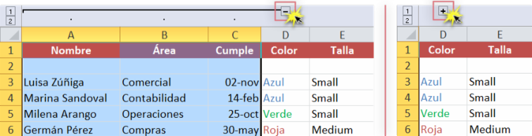 Imagen ejemplo del signo - o + para ver los datos agrupados en una hoja de cálculo de Excel 2010.