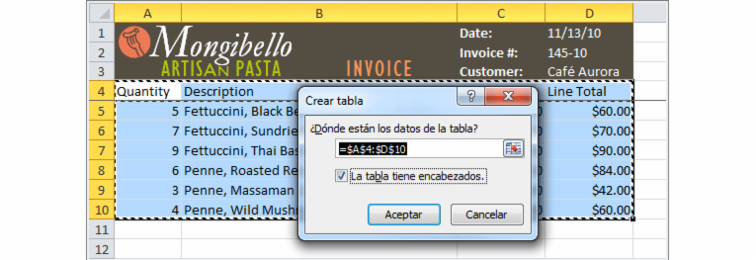 Imagen ejemplo del cuadro de diálogo Crear tabla en Excel 2010.