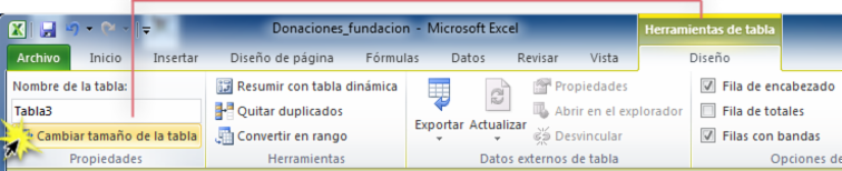 Imagen ejemplo del comando Cambiar tamaño de la tabla en la pestaña Diseño de Excel 2010.