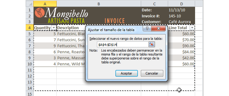 Imagen ejemplo del cuadro de diálogo Ajustar el tamaño de la tabla en Excel 2010.