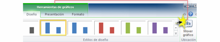 Imagen ejemplo del comando Mover gráfico en la pestaña Diseño de Excel 2010.