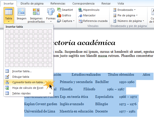 Convertir tecto en tabla