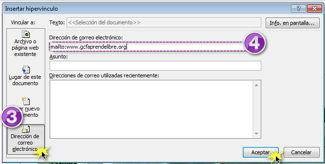 Cuadro de diálogo insertar hipervínculo