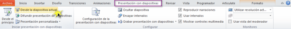 Opción presentación con diapositivas: desde la diapositiva actual