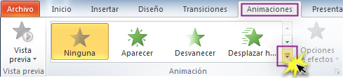 Flecha desplegable del grupo Animación