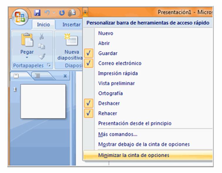 Opción Minimizar la cinta de opciones