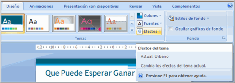 Comando Efectos del grupo Temas en la pestaña Diseño.
