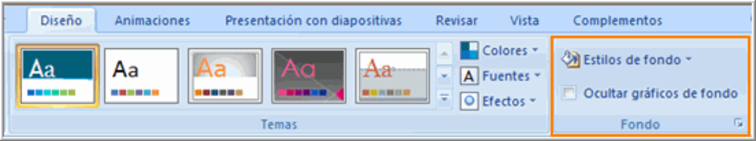 Estilos de fondo en el grupo Fondo de la pestaña Diseño.