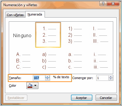 Seleccionar tamaño en la numeración