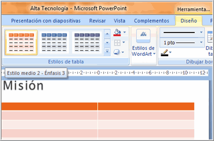 Previsualizar Diapositiva a través de Estilos de tabla