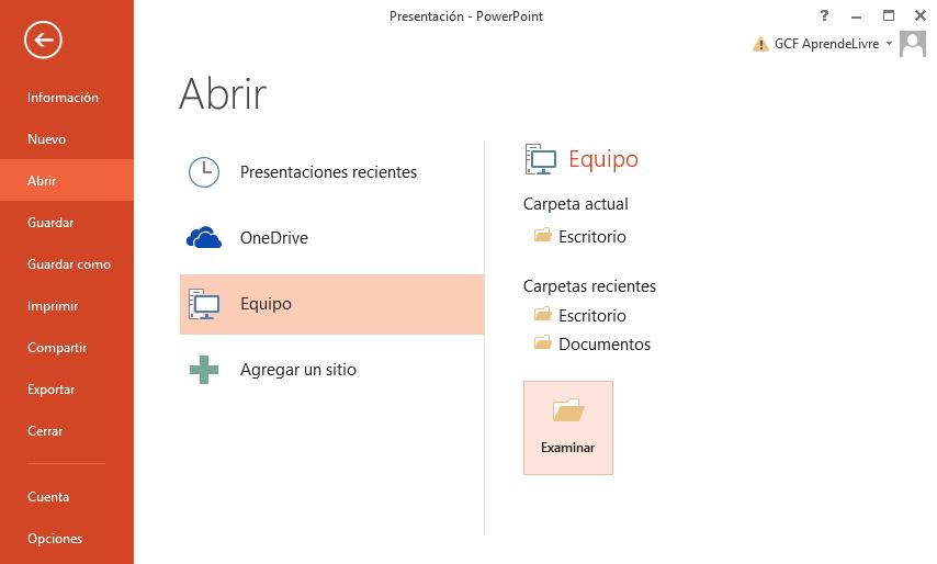 Podrás abrir tus presentaciones guardadas en tu computador o en tu OneDrive.