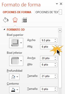 Puedes personalizar el efecto del bisel cambiándole la altura, la profundidad o el ancho. 