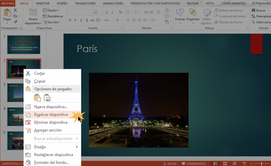Selecciona una diapositiva, haz clic alterno y elige Duplicar diapositiva en el menú que aparece. 