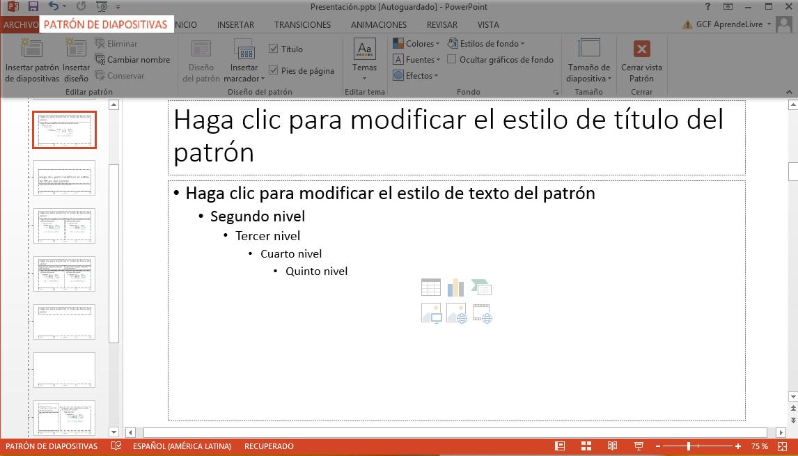 Lo que hagas acá afectará a todas las diapositivas de la presentación. 