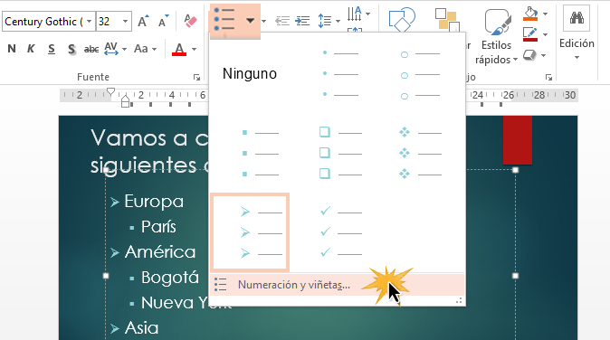 Con el comando Numeración y viñetas puedes acceder a otras funciones.