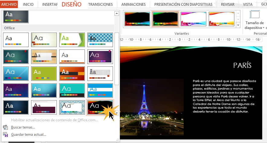 Pasa el ratón por encima del tema para ver un previo en tu presentación.