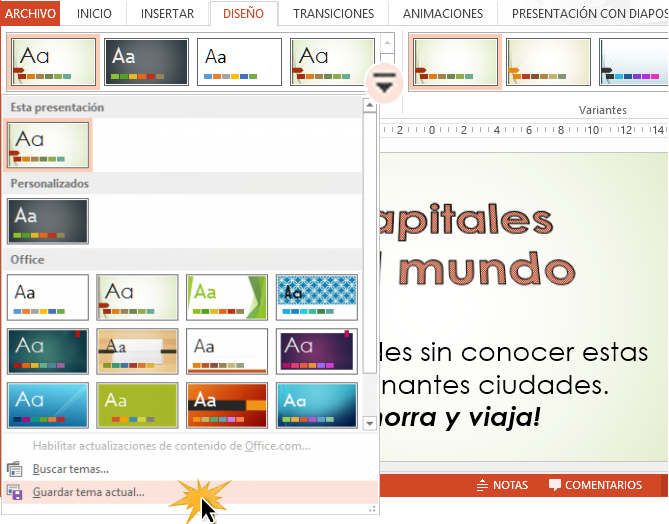 Guarda el tema para usarlo en futuras ocasiones en los programas de Office.