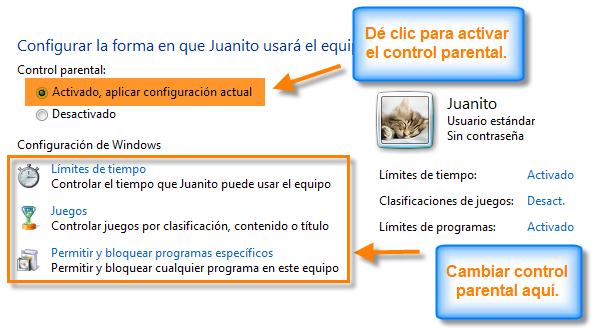 Página principal del Control Parental