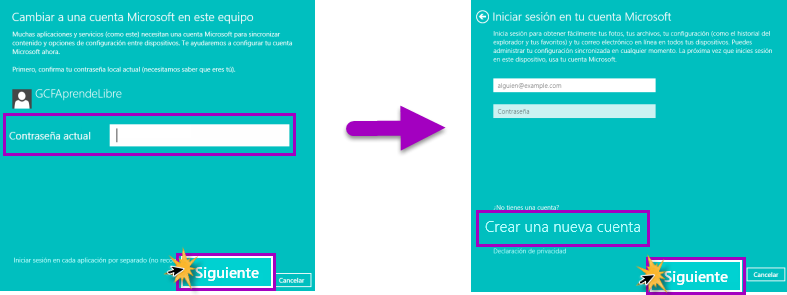Vista de paso 1 y 2 para cambiar de una cuenta local a una cuenta Microsoft.