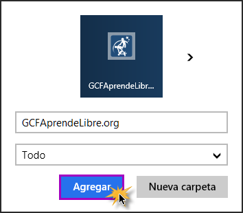 Vista de ventana de diálogo para agregar una página a Favoritos en Internet Explorer 11. 