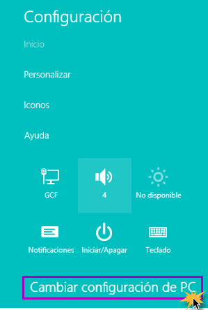 Imagen del botón Cambiar configuración de PC que está en la Barra de configuraciones de Windows 8.