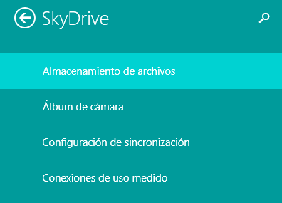 Vista del menú de SkyDrive en Configuración del PC.