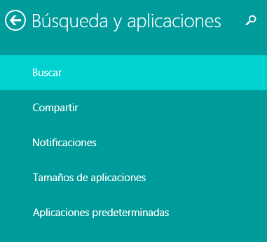 Vista del menú de la opción Búsqueda y aplicaciones del menú de Configuración del PC.