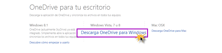 Vista del enlace Descarga OneDrive para Windows.