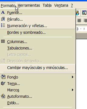 Menú opciones formato de texto