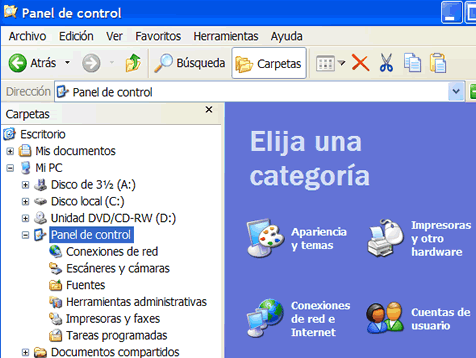 Elegir categoría panel de contol