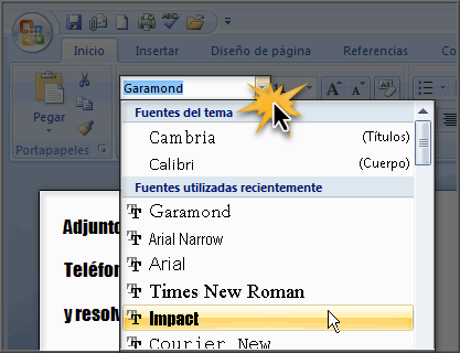 Imagen ejemplo de cómo cambiar el tipo de letra en Word 2007.
