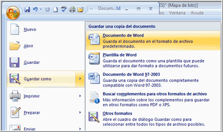 Imagen de la función Guardar como de Word 2007.