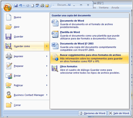 Imagen ejemplo de cómo guardar un documento en PDF en Word 2007.